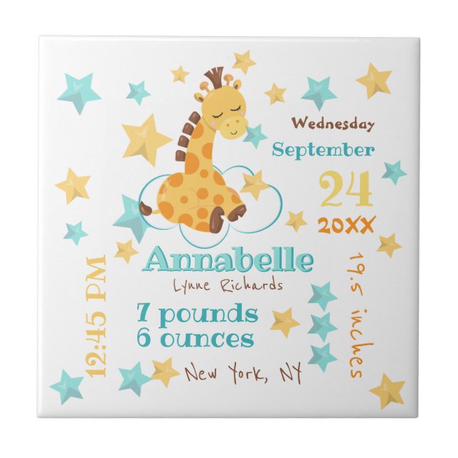 Gender Neutral Cute Giraffe Stars Baby Birth Stats Tile (Front)