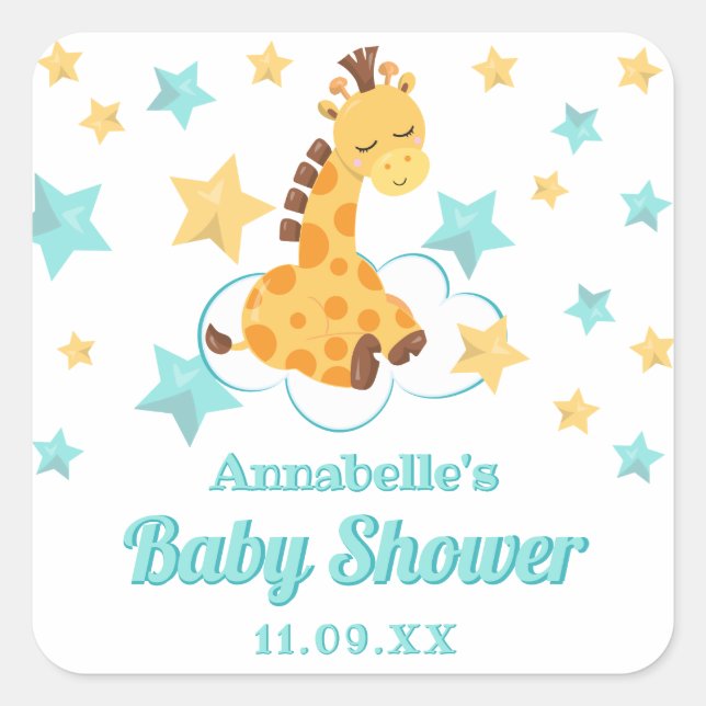 Gender Neutral Cute Giraffe & Stars Baby Shower Square Sticker (Front)