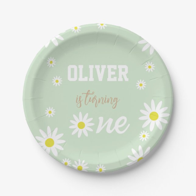 Gender Neutral Daisy 1st Birthday Party Boho White Paper Plate (Front)