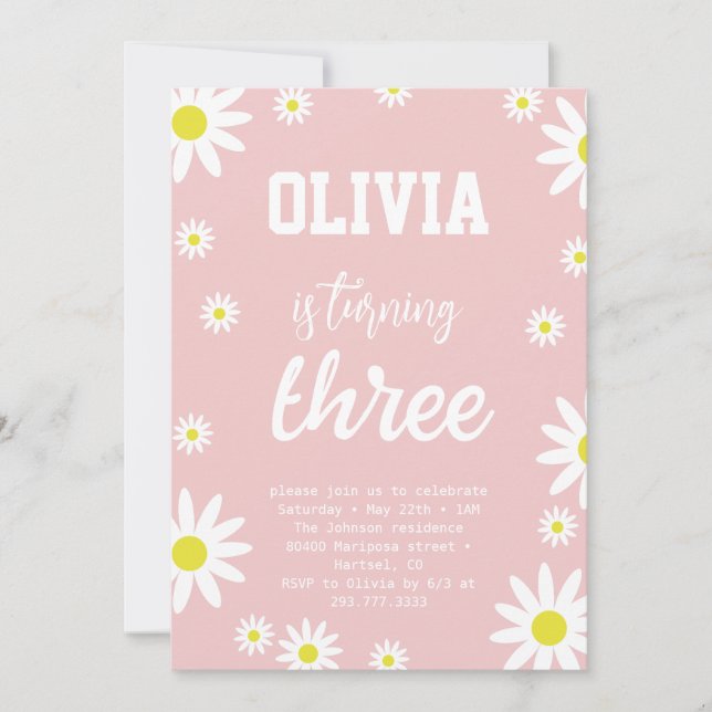Gender Neutral Daisy 3rd Birthday Party Boho White Invitation (Front)