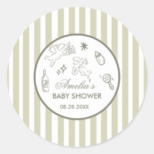 Gender Neutral doodle cupid Baby Shower Green Classic Round Sticker