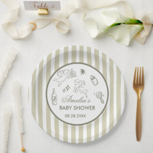 Gender Neutral doodle cupid Baby Shower Green Paper Plate