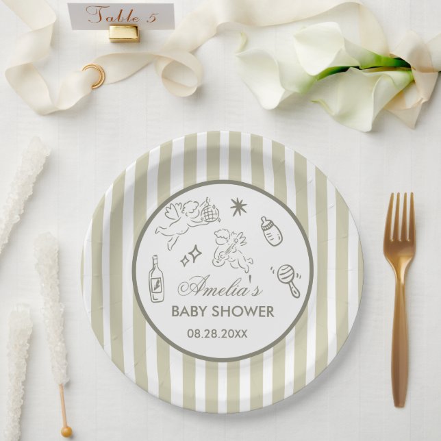 Gender Neutral doodle cupid Baby Shower Green Paper Plate (Wedding)