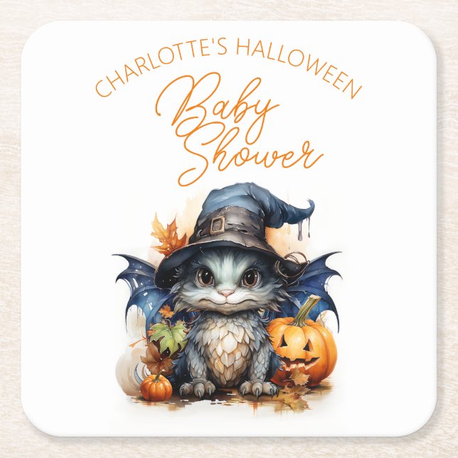 Gender Neutral Dragon Halloween Baby Shower Square Paper Coaster (Front)
