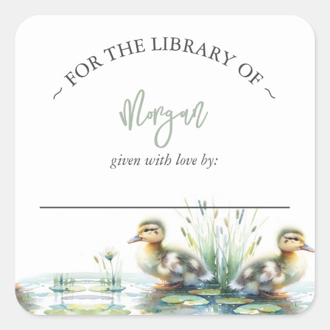 Gender Neutral Duck Baby Shower Bookplate Square Sticker (Front)