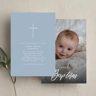 Gender Neutral Dusty Blue Baptism Boy Girl Photo Invitation