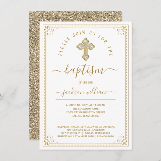 Gender Neutral Elegant Gold Baptism Invitation (Front/Back)