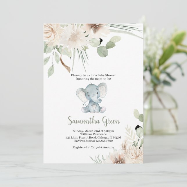 Gender Neutral Elephant Baby Shower Invitation (Standing Front)