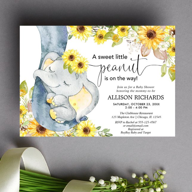 Gender neutral elephant baby shower sunflowers invitation (Creator Uploaded)