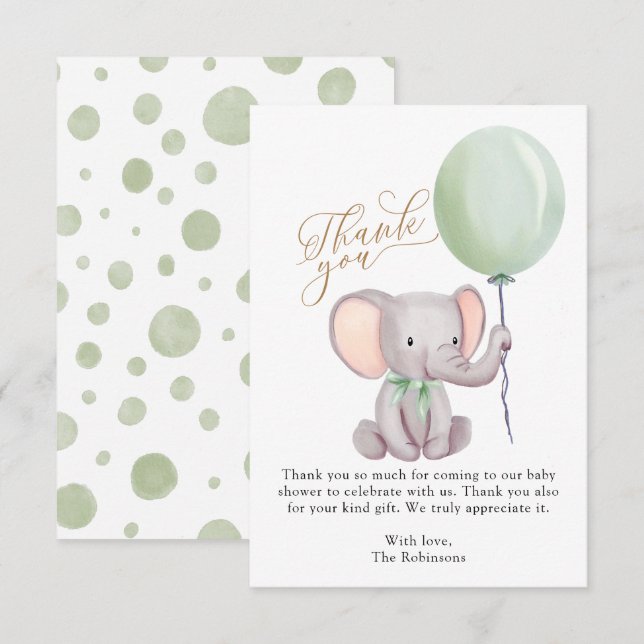 Gender Neutral Elephant Baby Shower Thank You Card (Front/Back)
