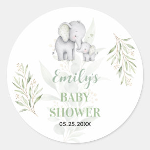 Gender Neutral Elephant Eucalyptus Baby Shower Classic Round Sticker