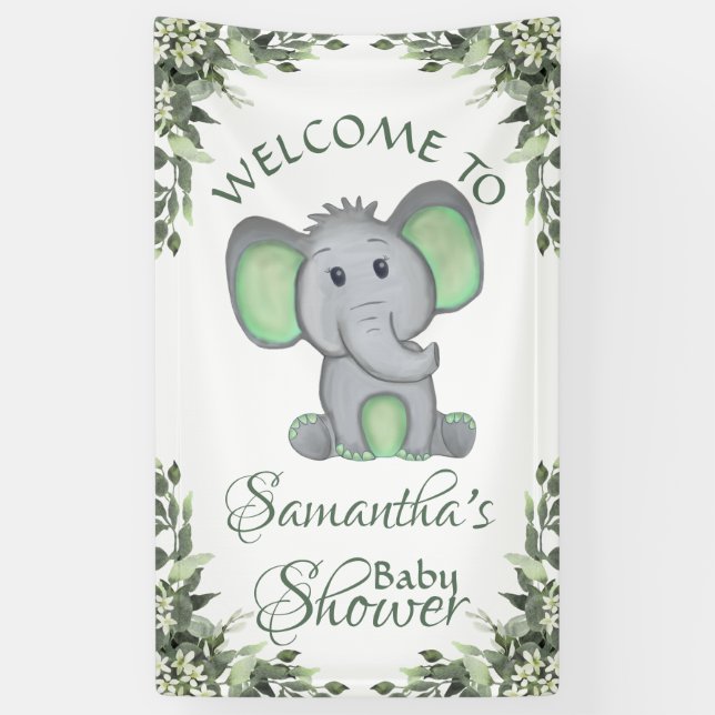 Gender Neutral Elephant Greenery Baby Shower Banner (Vertical)