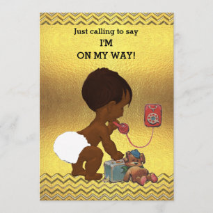 Gender Neutral Ethnic Baby on Phone Gold Chevrons Invitation