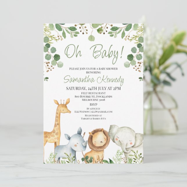Gender Neutral Eucalyptus Cute Safari Baby Shower Invitation (Standing Front)