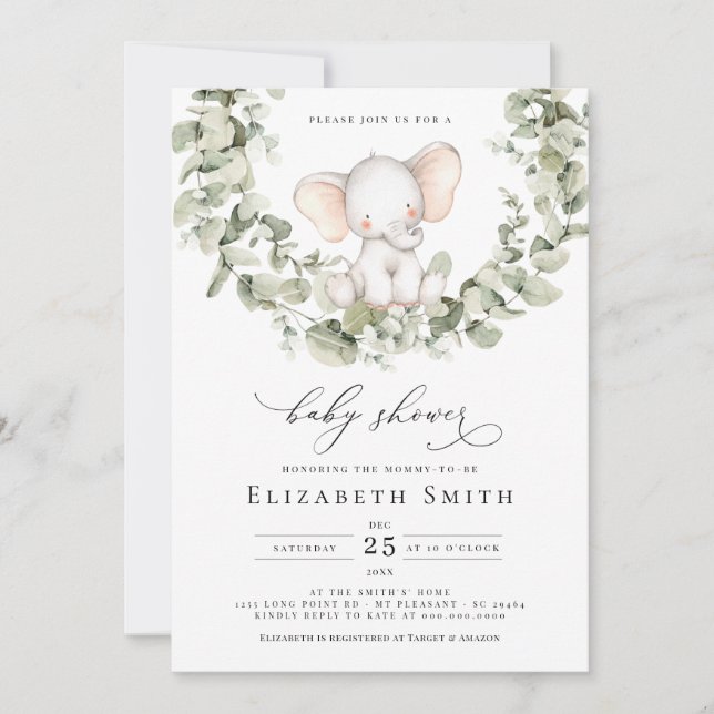 Gender Neutral Eucalyptus Elephant Baby Shower Invitation (Front)