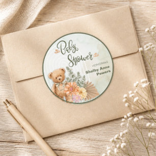 Gender Neutral Floral and Bear Baby Shower Classic Round Sticker