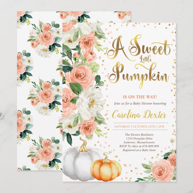 Gender Neutral Floral Pumpkin Fall Baby Shower Invitation (Front/Back)