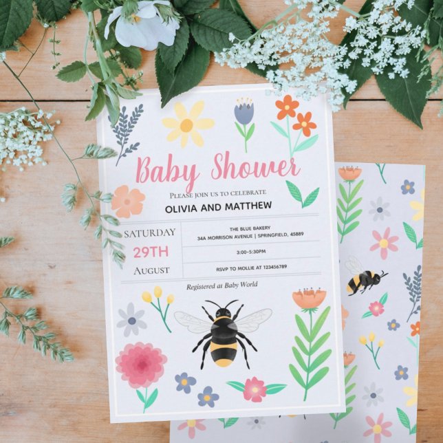 Gender Neutral Floral Woodland Bee Baby Shower Invitation (Creator Uploaded)
