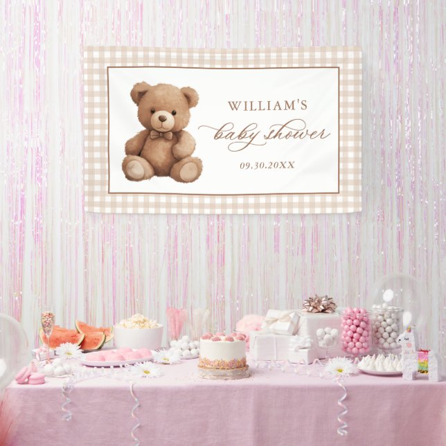 Gender Neutral Gingham Teddy Bear Baby Shower Banner (Party)
