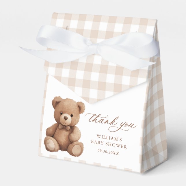 Gender Neutral Gingham Teddy Bear Baby Shower Favour Box (Front Side)