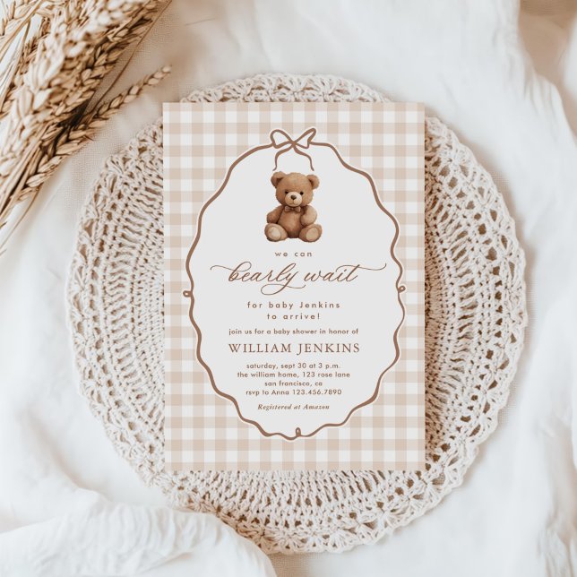 Gender Neutral Gingham Teddy Bear Baby Shower Invitation (Creator Uploaded)