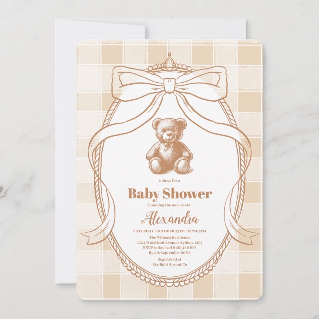 Gender Neutral Gingham Teddy Bear Baby Shower Invitation (Front)