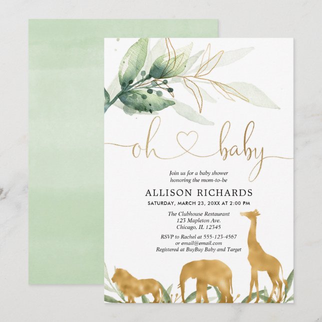 Gender neutral gold greenery safari baby shower invitation (Front/Back)