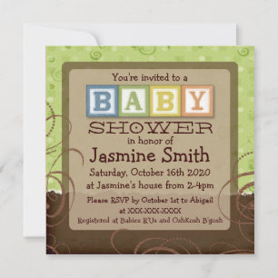Gender neutral green baby blocks shower invites