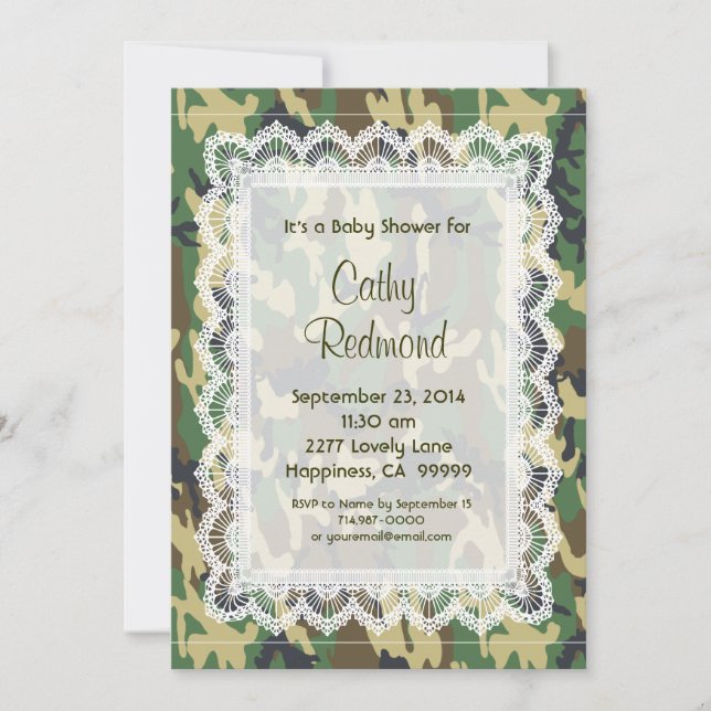 GENDER NEUTRAL Green Camo Lace  Baby Shower V11 Invitation (Front)