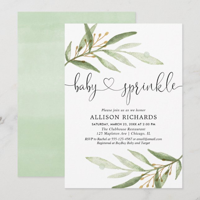 Gender neutral green gold greenery baby sprinkle invitation (Front/Back)