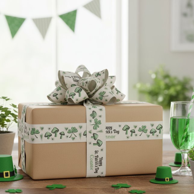 Gender Neutral Green Shamrock Heart & Mushroom 3" Grosgrain Ribbon (Cute St Patrick's Day Irish Ribbon in Ivory. Gender Neutral Green Shamrocks, Hearts & Mushrooms)