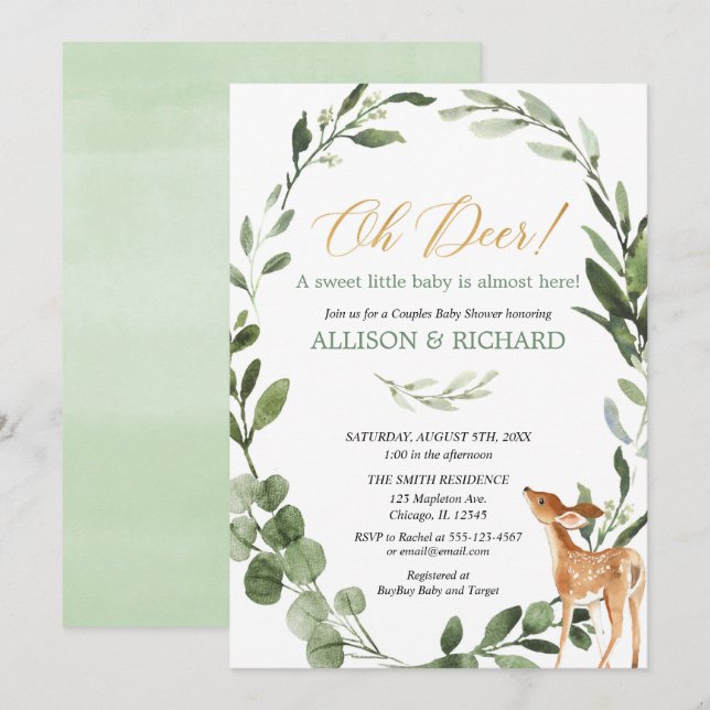 Gender neutral greenery deer couples baby shower invitation (Front/Back)
