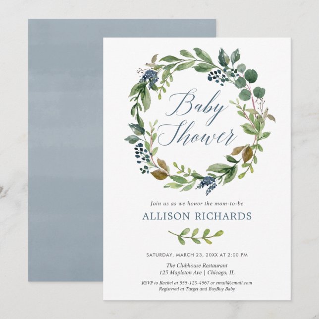 Gender neutral greenery dusty blue baby shower invitation (Front/Back)