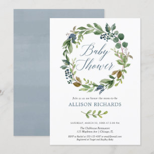 Gender neutral greenery dusty blue baby shower invitation