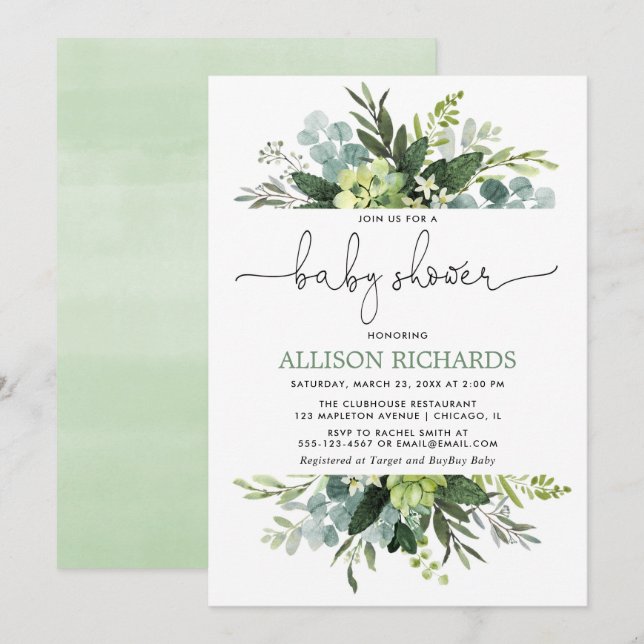 Gender neutral greenery foliage baby shower invitation (Front/Back)