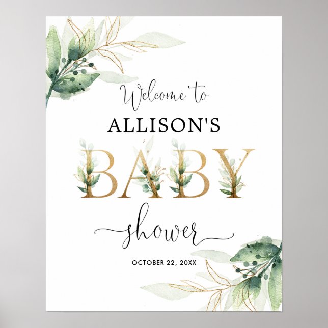 Gender neutral greenery gold baby shower welcome poster (Front)
