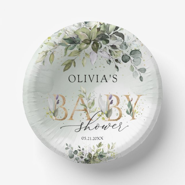 Gender neutral greenery gold letters Baby Shower Paper Plate (Front)