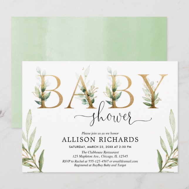 Gender neutral greenery green gold baby shower invitation (Front/Back)