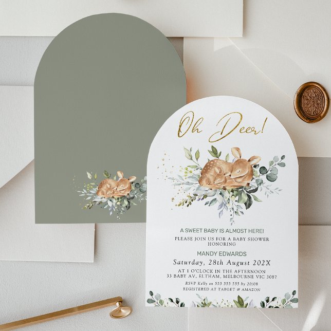 Gender Neutral Greenery Oh Deer Baby Shower Invitation (Arched Greenery Oh Deer baby Shower Invitation, Foliage Deer Fawn Baby Shower Invite Gender Neutral )