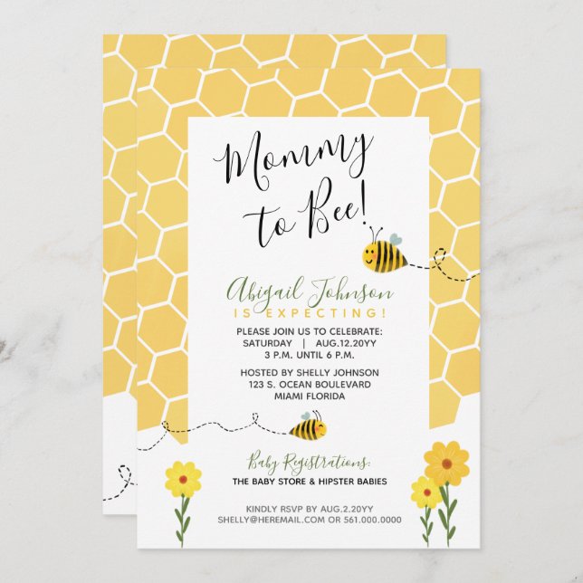 Gender Neutral Honeycomb Mummy To Bee Baby Shower Invitation (Front/Back)