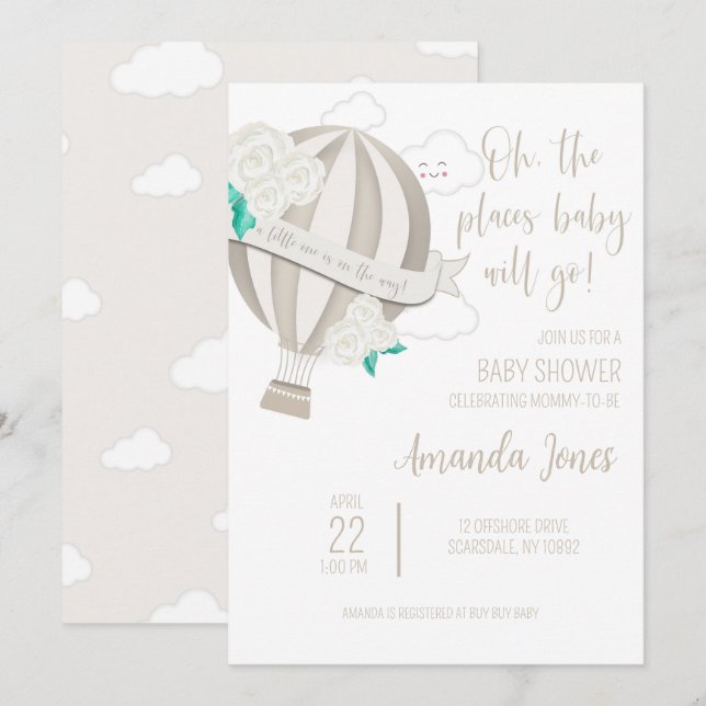 Gender Neutral Hot Air Balloon With Roses Shower Invitation (Front/Back)