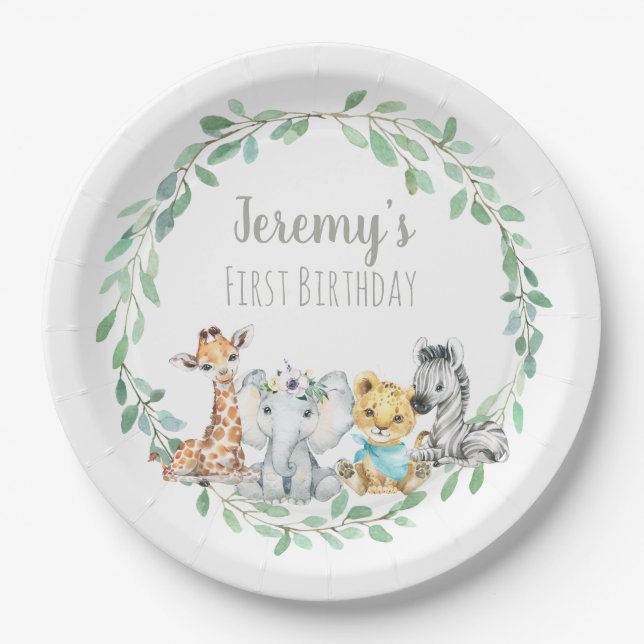 Gender Neutral Jungle Safari Baby First Birthday Paper Plate (Front)