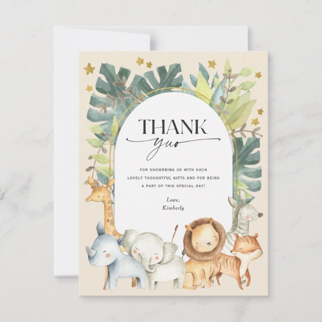 Gender neutral jungle safari themed baby shower thank you card (Front)