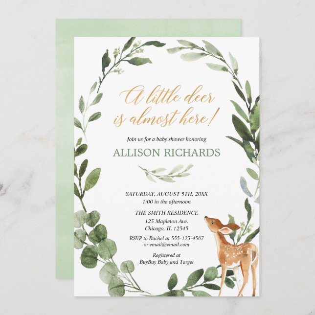 Gender neutral little deer greenery baby shower invitation (Front/Back)