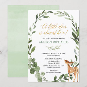Gender neutral little deer greenery baby shower invitation
