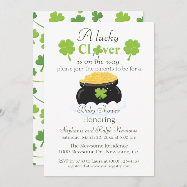 Gender Neutral Lucky Clover Baby Shower Invitation (Front/Back)