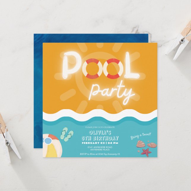 Gender neutral modern tropical pool party birthday invitation (Front/Back In Situ)