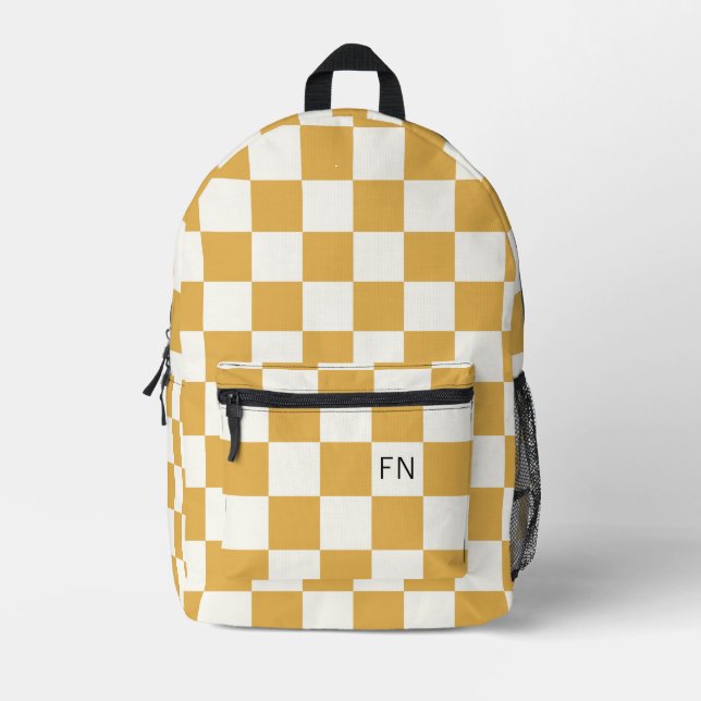 Gender Neutral Monogram Initials Yellow Chequered Printed Backpack (Front)