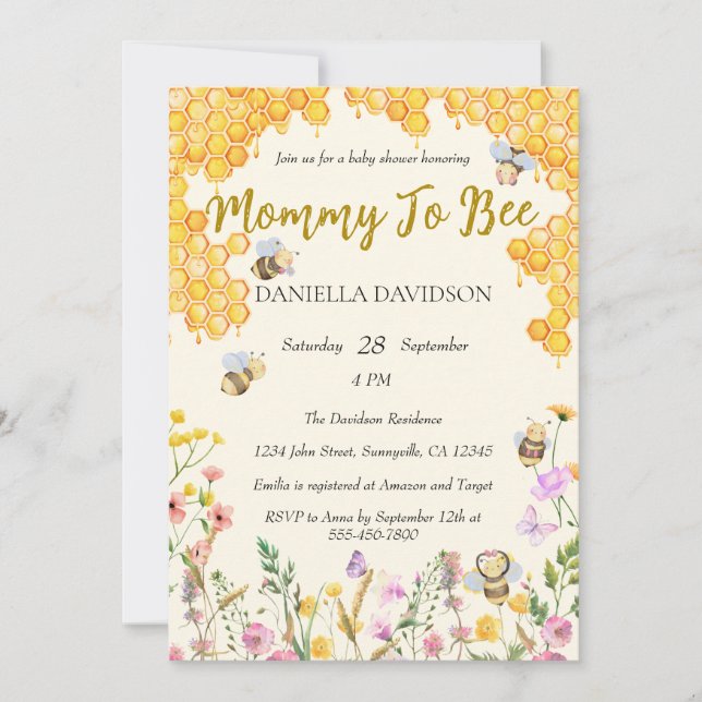 Gender Neutral Mummy to Bee Floral Baby Shower Invitation (Front)