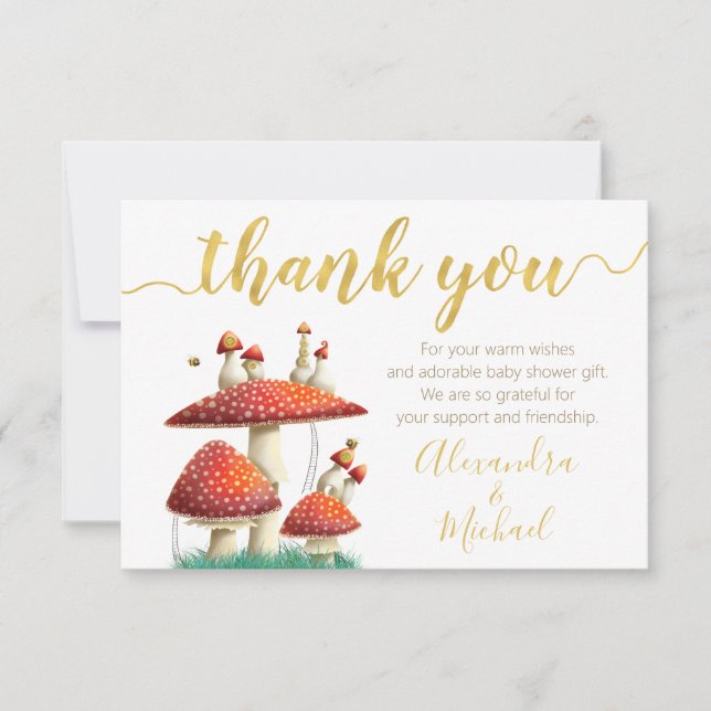 Gender neutral mushrooms & bees, gold foil thank you card (Front)
